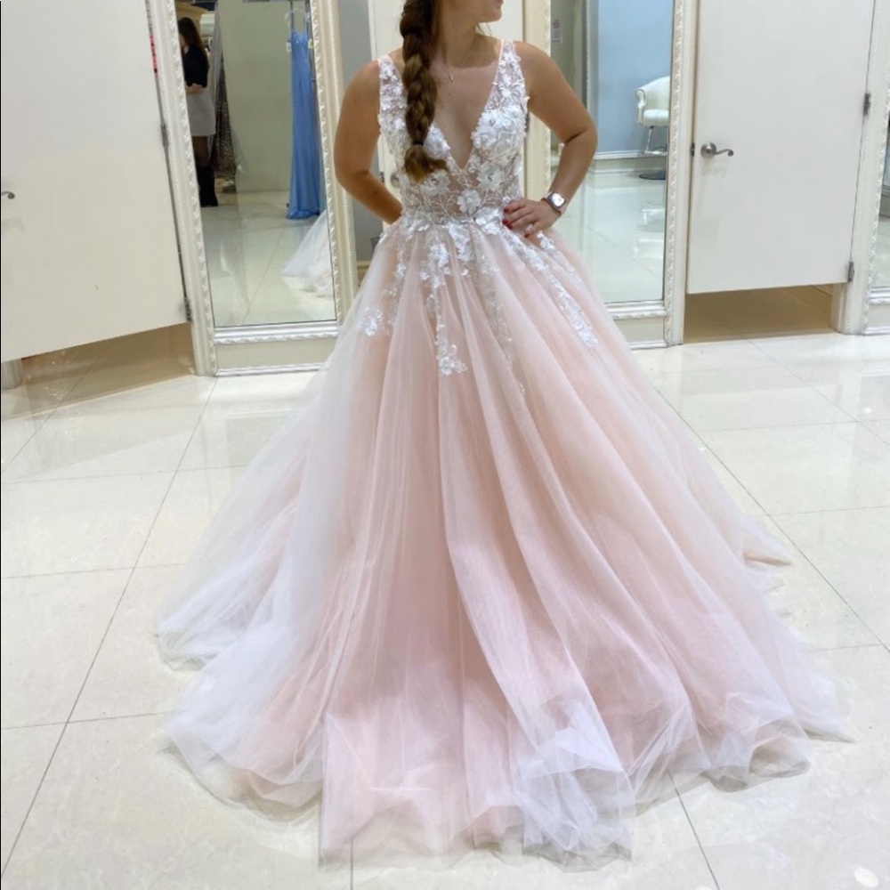 JOVANI Blush Floral V Neck Prom Dress
